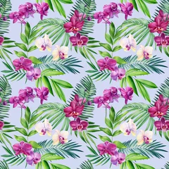 Fotobehang seamless pattern tropical plants flowers and green leaves watercolor illustration, botanical painting, jungle design © Hanna
