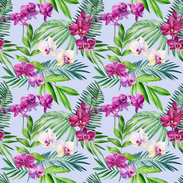 seamless pattern tropical plants flowers and green leaves watercolor illustration, botanical painting, jungle design © Hanna