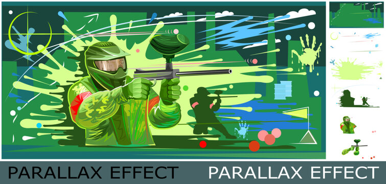Paintball player in mask. Team battle. Image from layers for overlay with parallax effect. Ball paint. Weapons in battle. Blots and splashes. Paint ball teams compete with pistols. Vector.