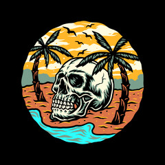 Skull summer beach t-shirt graphic design, hand drawn line with digital color, vector illustration
