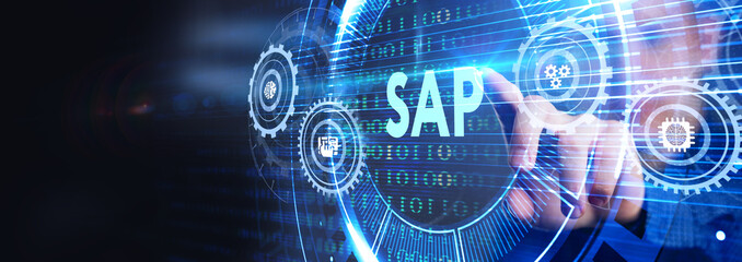 Obraz premium SAP System Software Automation concept on virtual screen data center. Business, modern technology, internet and networking concept.