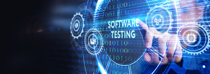 Inscription SOFTWARE TESTING on the virtual display. Business, modern technology, internet and networking concept.