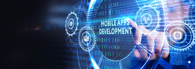 Inscription MOBILE APPS DEVELOPMENT on the virtual display. Cloud technology concept.