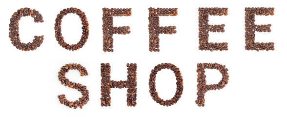COFFEE SHOP text from roasted coffee beans on white background