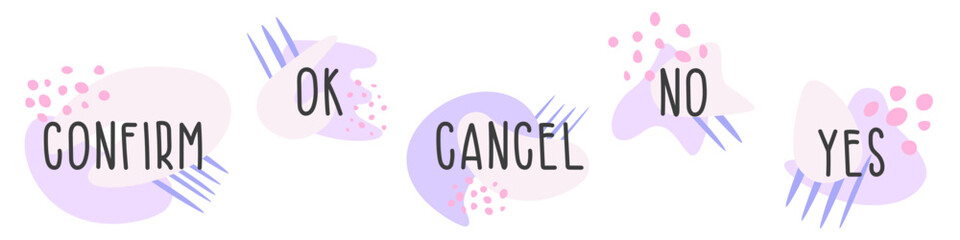 Set of flat icon template with text Confirm, Ok, Cancel, No, Yes in purple and dark gray with shapes, lines and dots for web, posters, stickers
