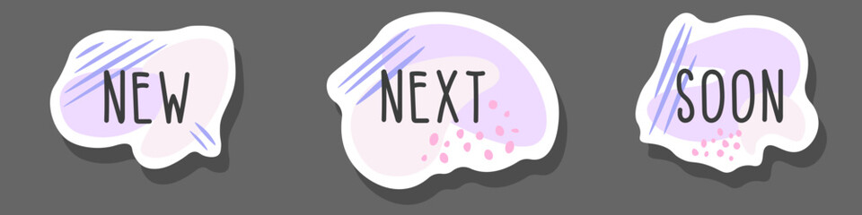 Set of flat icon template with text New, Next, Soon in purple and dark gray with shapes, lines and dots for web, posters, stickers