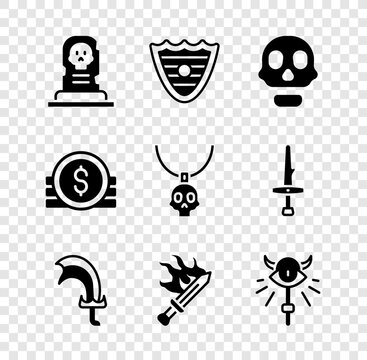 Set Grave with tombstone, Shield, Skull, Sword for game, Magic staff, Ancient coin and Necklace amulet icon. Vector