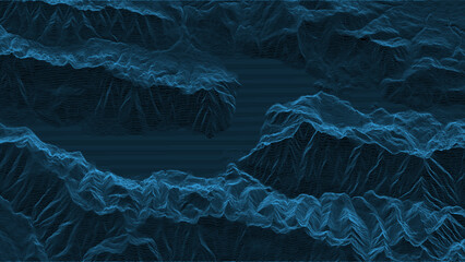 Mountain landscape. Wireframe surface. Peak map. Lake Crescent. 3d Vector outline illustration.
