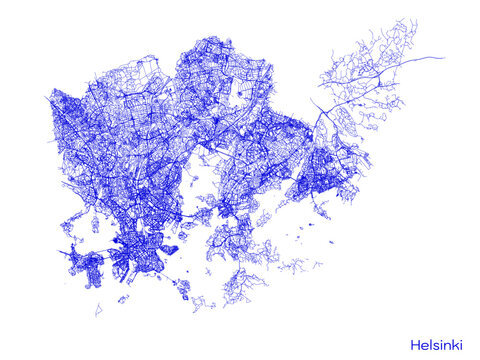 Helsinki city map with roads and streets, Finland. Vector outline illustration.