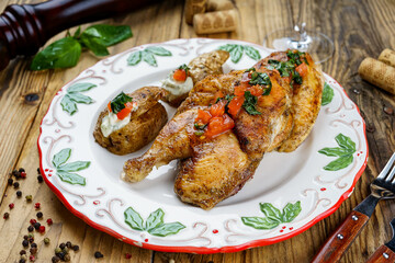 fried chicken legs in a white plate with potatoes and chopped tomatoes
