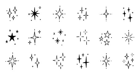 Line star glitter shine of doodle set. Star shine glow, spark glitter, sparkle light vector illustration. Hand drawn sketch doodle style..