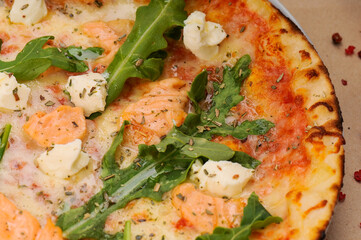 pizza with seafood and cheese macro photo
