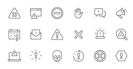 Alert, risk sign line icon set. Caution, warning, exclamation mark thin editable line stroke icon. Alert information, accident notification vector illustration.