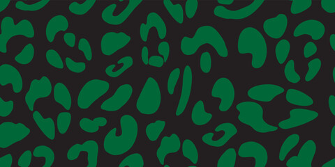 Leopard texture green and black. Animalistic seamless pattern. Vector hand-drawn illustration. 