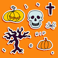 Doodle Halloween sticker set. Hand-drawn autumn pumpkin, spider, tree, cross, skull on orange background. Cute scary horror banner for fall holidays, Day of the Dead. Vector color spooky illustration