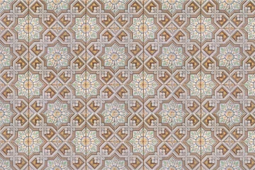 Gordijnen Colorful vintage ceramic tiles wall decoration.Turkish ceramic tiles wall background © Saichol
