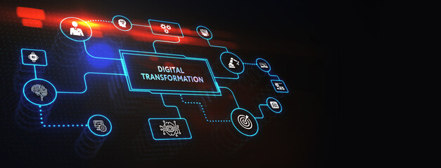 Concept of digitization of business processes and modern technology. Digital transformation. 3d illustration