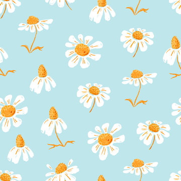 Daisies and petals seamless pattern. Chamomile flowers. Ideal for printing on fabric and paper. Vector background. 