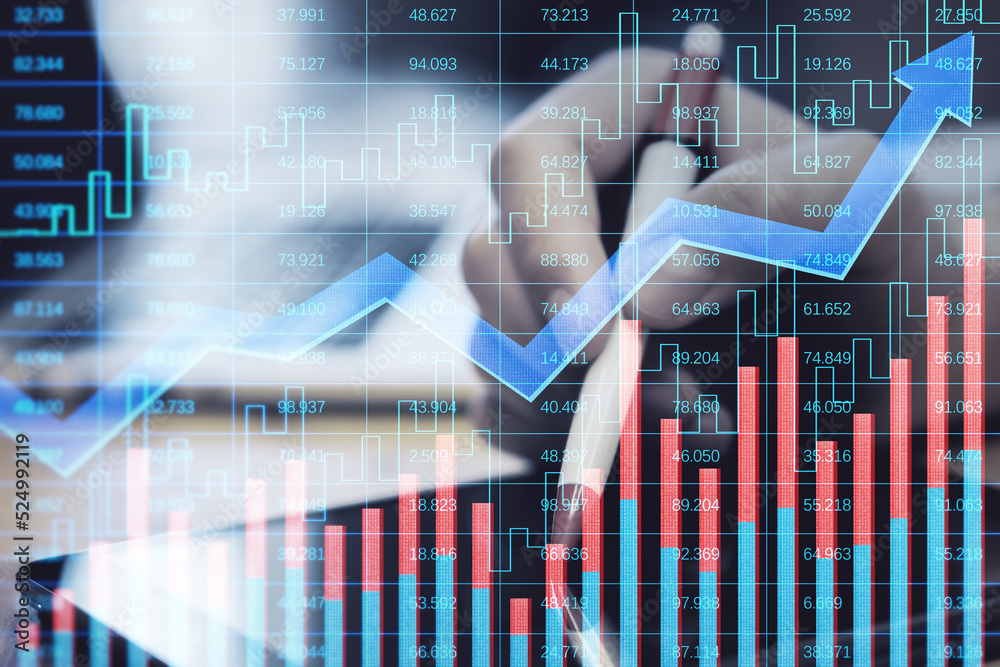 Poster hands using digital tablet with pen and other devices with creative growing financial forex chart wi
