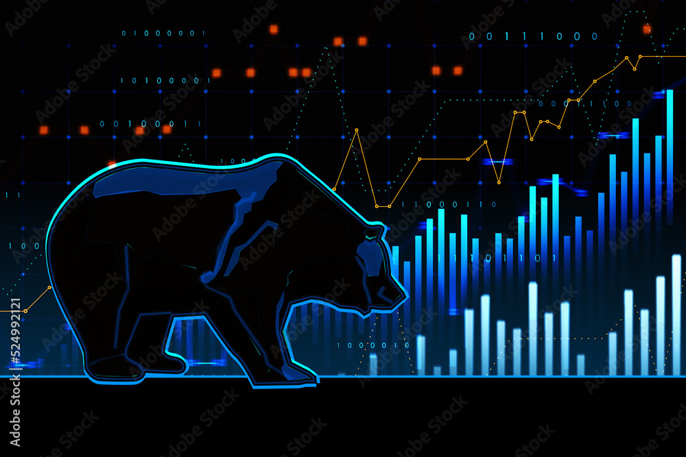 Aufkleber Abstract bearish forex chart on blurry background. Stock market exchange and finance analysis. 3D Rendering.