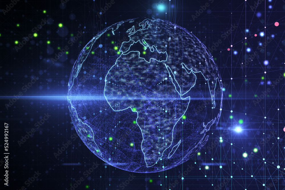 Poster creative glowing blue metaverse globe hologram with grid on blurry background. 3d rendering.