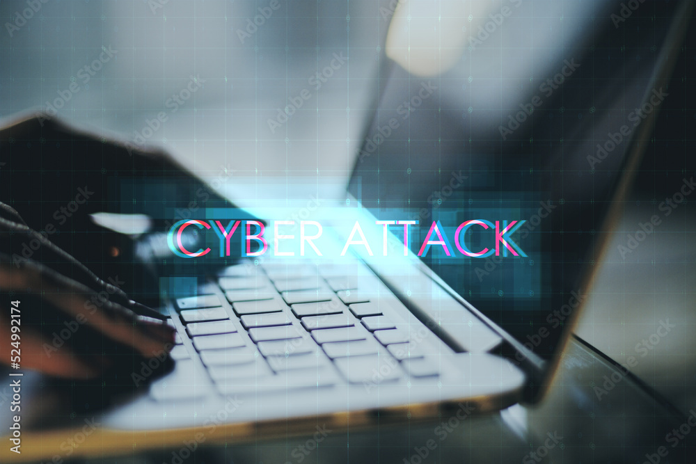 Poster Close up of hands using notebook keyboard with creative digital text hologram on blurry background. Cybr attack, technology and ai concept.