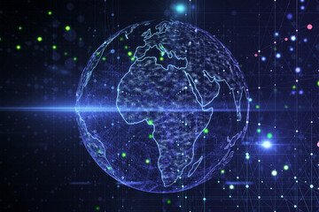 Creative glowing blue metaverse globe hologram with grid on blurry background. 3D Rendering.