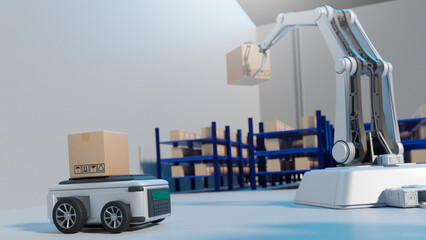 Car Robot transports truck Box with AI interface Object for manufacturing industry technology Product export and import of future Robot cyber in the warehouse by Arm mechanical future technology