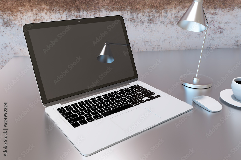 Poster Close up of modern grunge style desktop workspace with empty mock up laptop with lamp reflections screen. 3D Rendering.