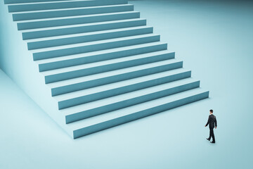 Tiny man with huge concrete blue stairs. Success, growth and career concept.