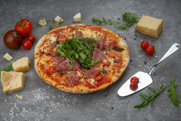 pizza with bacon and arugula on a gray background with tomatoes, cheese and ilopatka macro photo
