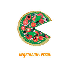 Delicious vegetarian Pizza vector, Pizza with many vegetables.