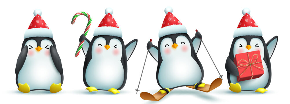 Penguin christmas characters vector set. Penguin 3d character in cute and friendly face with santa hat, gift and skate elements for xmas collection design. Vector illustration.
