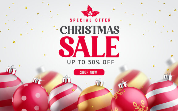 Christmas sale vector banner design. Christmas sale special offer text in price promo discount with xmas balls elements for holiday shopping ads. Vector illustration.
