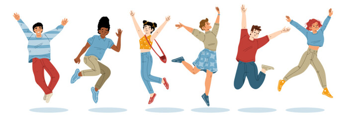 Fototapeta na wymiar Happy people jump with raised arms, cheerful characters feel positive emotions, rejoice, celebrate victory or success. Laughing teenagers, millenial personages, Line art flat vector illustration
