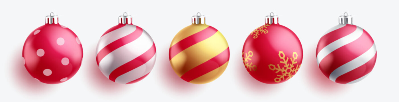 Christmas balls vector set design. Christmas decoration ball with stripe, circle and snowflakes pattern in red, white and gold colors for 3d xmas collection. Vector illustration.
