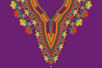 Vector african dashiki colorful purple background neckline flower embroidery pattern. African tribal art shirts fashion.