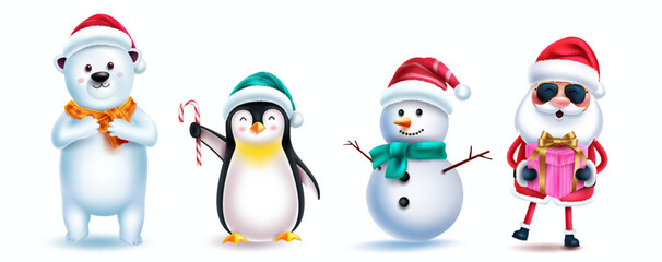 Christmas characters vector set design. Santa claus, polar bear, snowman and penguin 3d christmas character isolated in white background for xmas holiday collection. Vector illustration.
