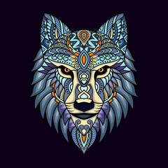 Stylized wolf in ethnic vector dark background 