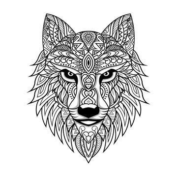 line art wolf in ethnic vector white background