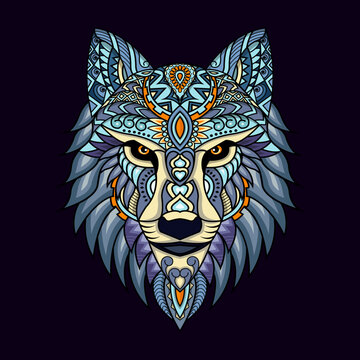 Stylized wolf in ethnic vector dark background 