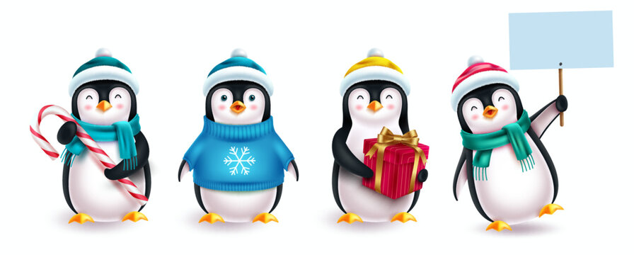 Christmas penguin characters vector set. 3d penguin character with hat, sweater, placard and gift elements isolated in white background for xmas collection design. Vector illustration.
