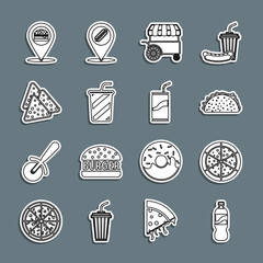 Set line Bottle of water, Pizza, Taco with tortilla, Fast street food cart, Glass, Nachos, Location burger and Soda can drinking straw icon. Vector