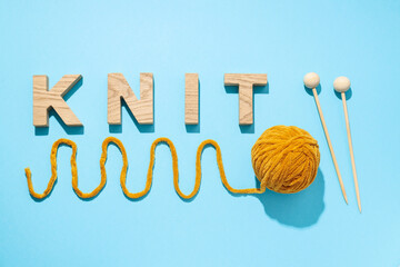 Concept of cozy and relax hobby, knitting, top view