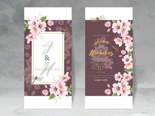 wedding invitation card with cherry blossom and dragonfly