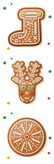 Gingerbread Deer, Circle Cookie and Boot Isolated on White.