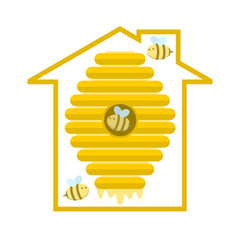 Cute yellow honeycomb beehive with dripping sweet honey in house beekeeping with fat bee frying cartoon character banner flat vector icon design.