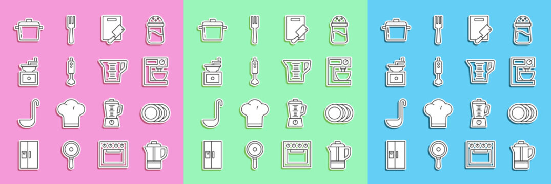 Set Line Teapot, Plate, Electric Mixer, Cutting Board And Meat Chopper, Blender, Manual Coffee Grinder, Cooking And Measuring Cup Icon. Vector