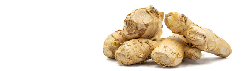 Jerusalem artichoke isolated on white background. Fresh jerusalem artichoke. Organic food. Copy space. Space for text