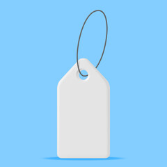 3D White Tag with String Isolated on Blue Background. Render Empty Label. Cardboard Price Tag for Sale. Empty Sticker and Rope. Promo, Sale, Offer or Gift Concept. Vector Illustration